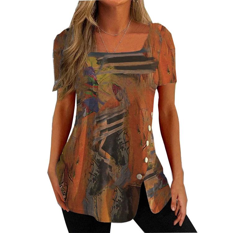Western Ethnic Print Button Short Sleeve T-Shirt Women's Trendy Top Bohemian Vintage Casual Summer Blouse