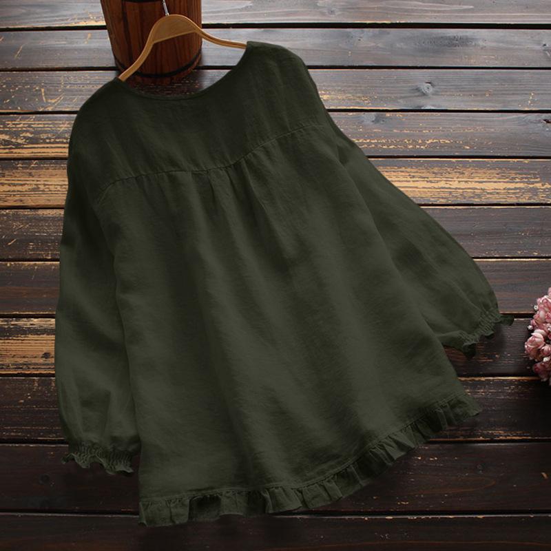 2024 Women's Cotton Linen Ruffle Cuff Long Sleeve Round Neck Shirt