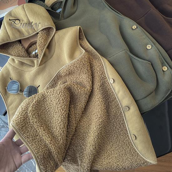 Women Fall Winter Vest with Hooded Side Button Closure Fleece Thermal Isolation Solid Color with Front Pocket Casual Daily Hoodie Top
