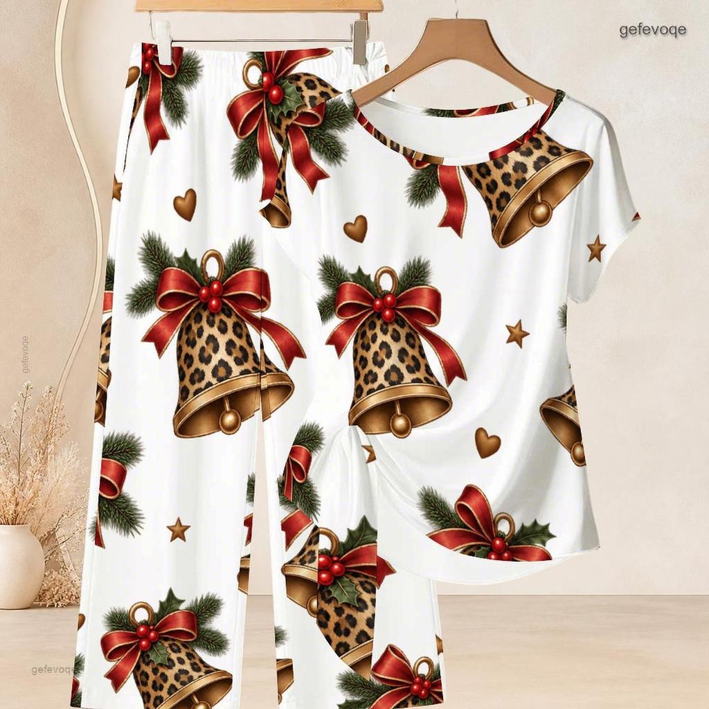 Women Plus Size White Printed Round Neck Short Sleeve Knotted Hem Top Long Pants Two Piece Set