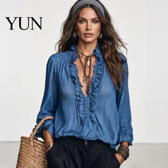 Classic Fall Top Women Ruffle V-Neck Top, Solid Color Casual Long Sleeve Breathable Shirt Pullover Shirt, Retro Pleated Loose Blouse for Autumn V-neck