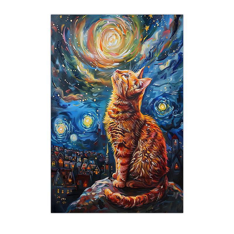 Vintage Animal Wall Art, Nordic Impressionist Cat Canvas Painting, Whimsical Tabby Poster Print for Bedroom Living Room Decor