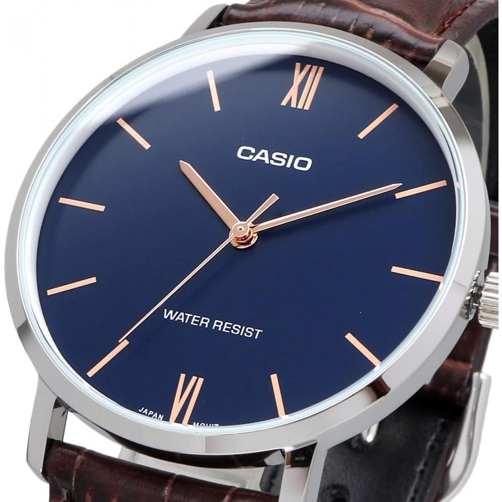 Casio Мужские кварцевые часы Синий Коричневый кожаный Mtp Vt01l 2b