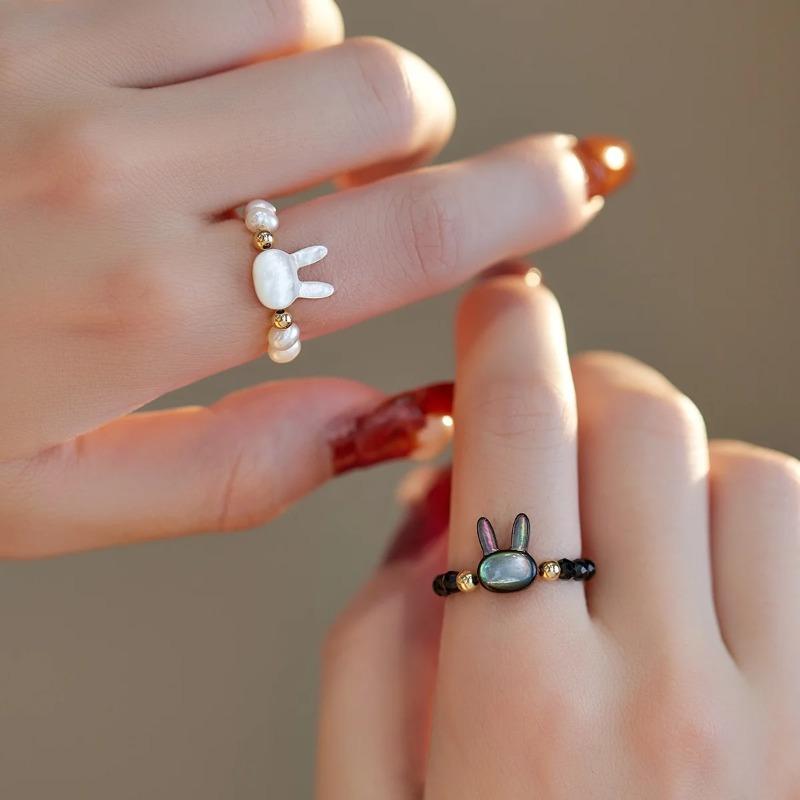 Регулируемое кольцо с бусинами в виде животного, фритиллярии, жемчуга, черного и белого кролика для женщин, милое, из натуральных кристаллов, каменное, ювелирное изделие