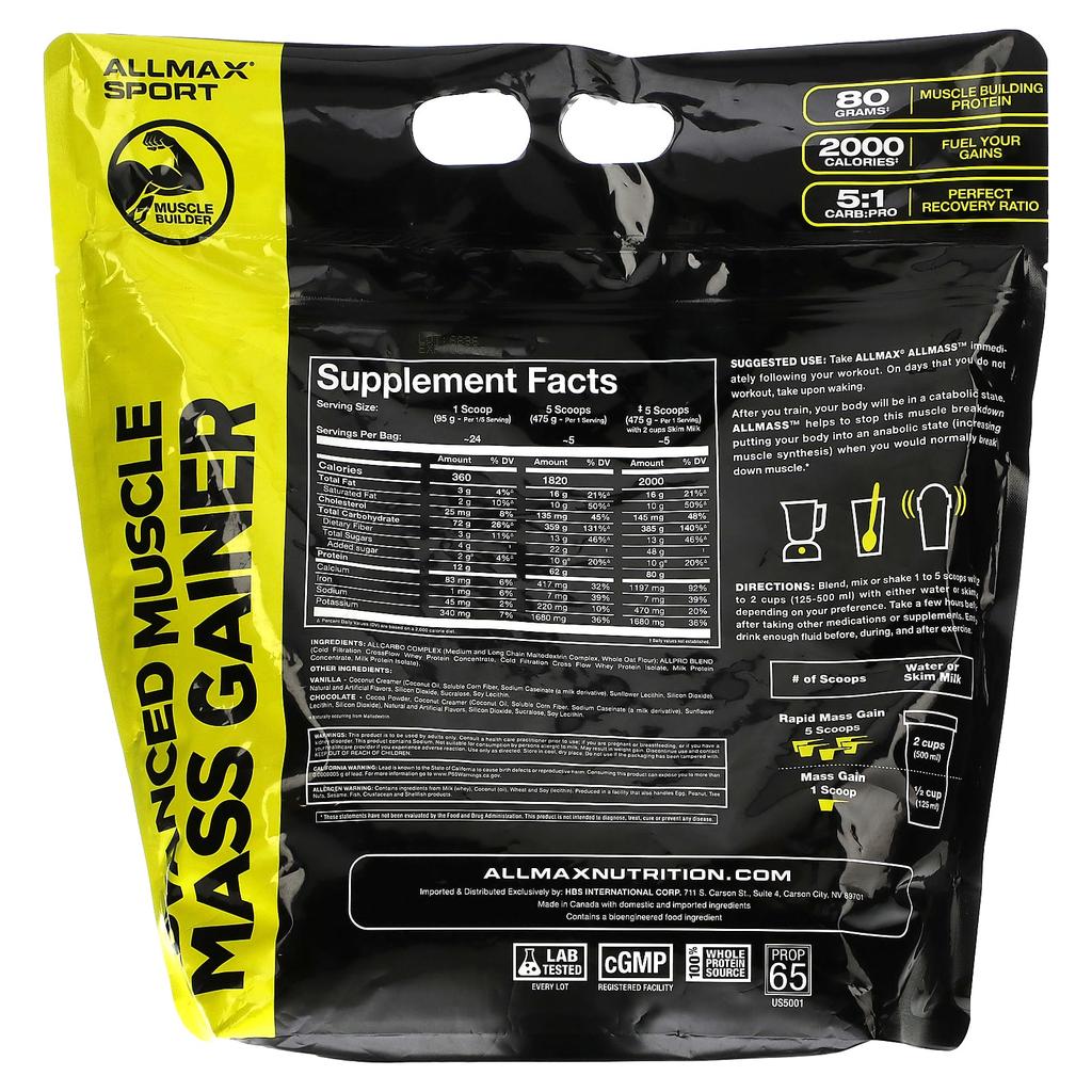 ALLMAX, Sport, ALLMASS™, Advanced Muscle Gainer, Chocolate, 5 Lbs (2.27 Kg)