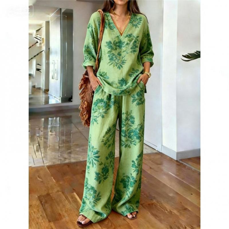 Spot Y1 bohemian V-neck top wide-leg pants two-piece women's clothing European and American fashion suit
