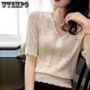 Women's Ice Silk Knitted T-shirt Short Sleeve Summer V-neck Versatile Hollow Knitted Top Thin