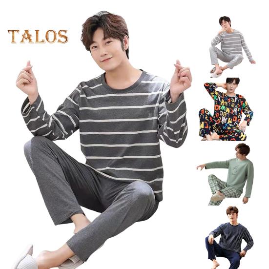 Комплект из 2 предметов: мужская пижама с круглым вырезом, длинными рукавами, полосатым принтом, топами и длинными брюками на эластичной талии, комплект домашней одежды для отдыха