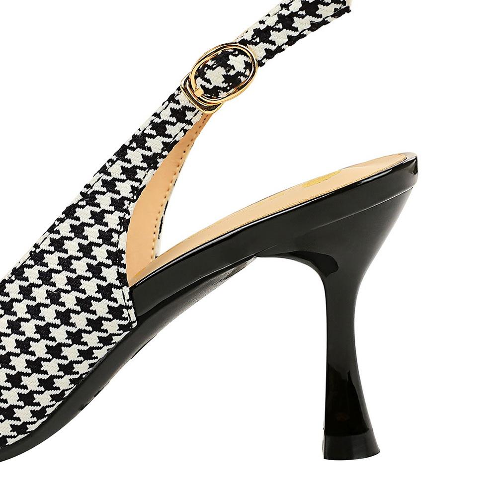 Корейская версия женской обуви на высоком каблуке, клетчатая обувь с острым носком и полой спинкой, туфли с жемчужной металлической цепочкой