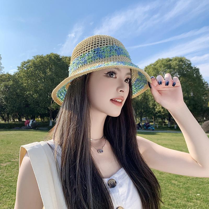 Korean Version of Small Bucket Hat with Big Brim Straw Woven Fisherman Hat In Summer Breathable Sun Protection Seaside Straw Hat