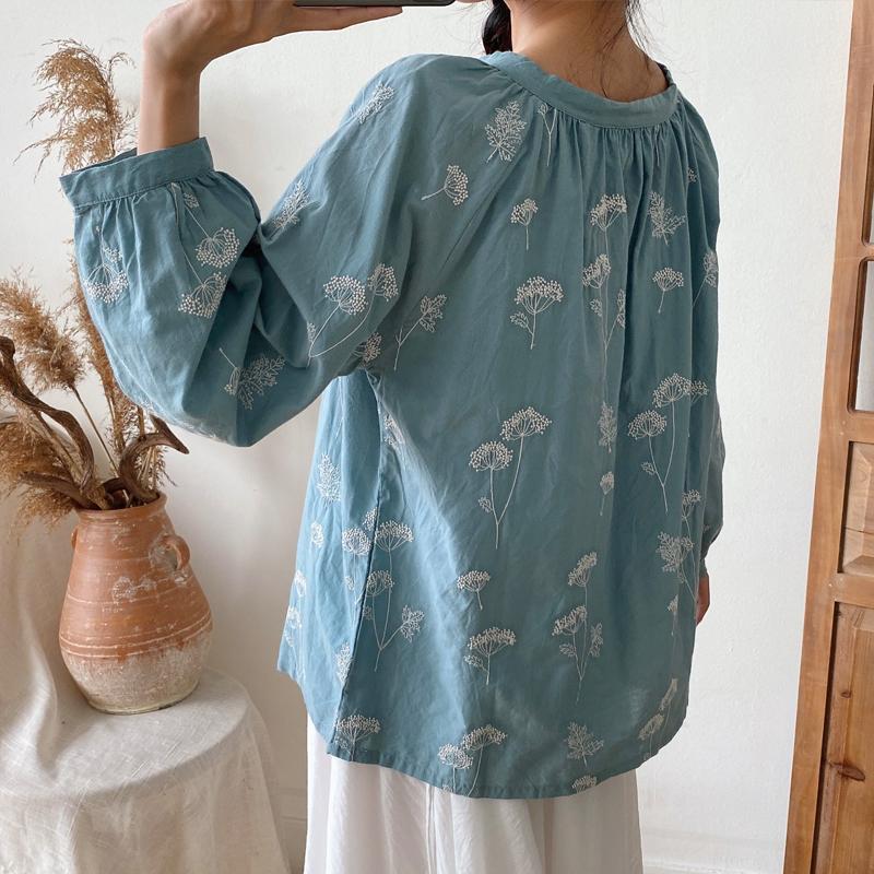 Johnature Винтажные вышитые топы, блузки, весна-осень, повседневные женские рубашки с длинным рукавом