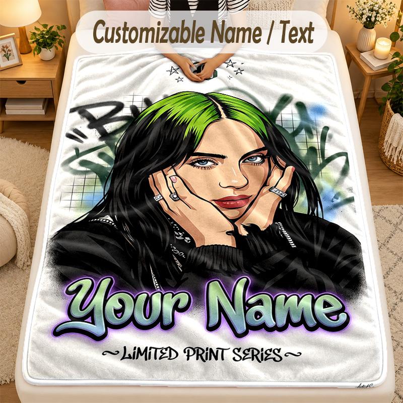 Flannel BlanketBillie Eilish Custom Name Text Personalized Soft Warm Throw Blanket Home Decor Gift