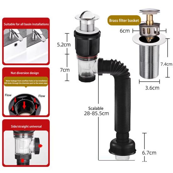 Bathroom Sink Drain Kit with Flexible Expandable P-Trap Leak-Proof Odor Prevention Easy Installation