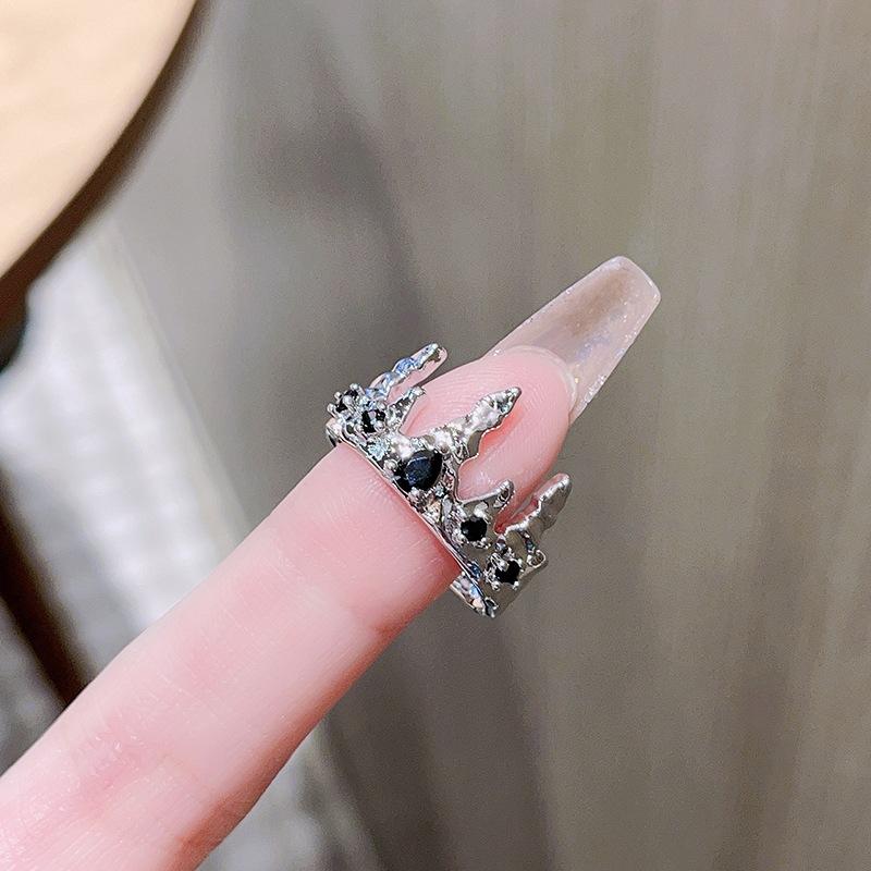 Dark Zircon Crown Open Ring Set, Niche Design, High-End Index Finger Ring, Personalized Ring.