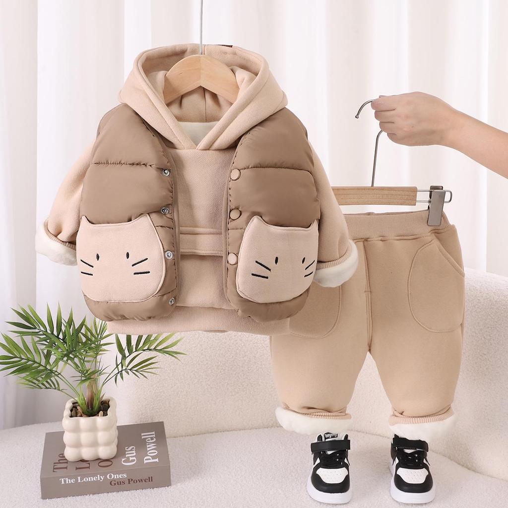 2025 Детский хлопковый трехпредметный комплект на флисовой подкладке – Модный зимний жилет и наряд для мальчиков