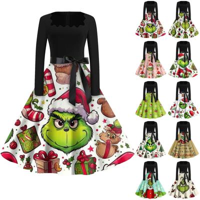 Женская мода с квадратным вырезом, повседневные тонкие рождественские платья с длинным рукавом и принтом