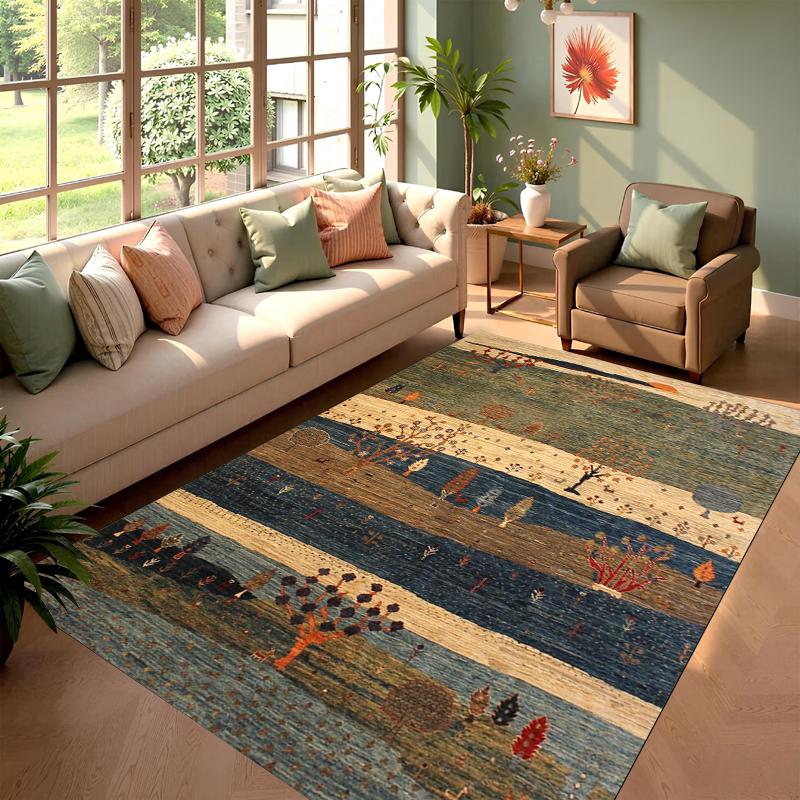 Vintage Tribal Striped Area Rug Non-slip Floor Mat Colorful Ethnic Pattern Carpet Home Decoration for Bedroom Living Room