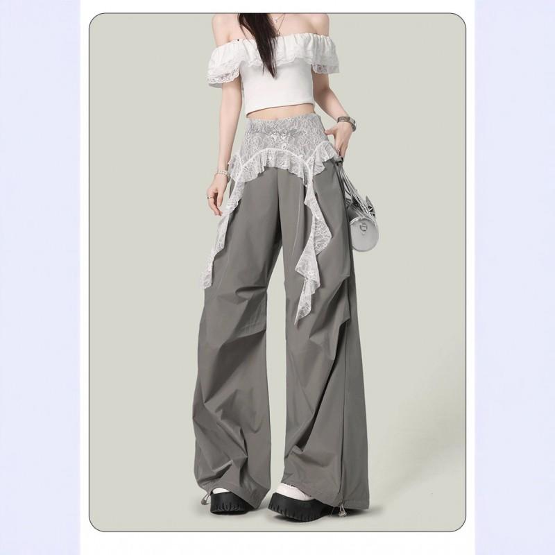 Womens High-Waisted Wide-Leg Pants With Lace Trim Loose Fit Breathable Taffeta Streetwear Jazz Dance Casual Wear