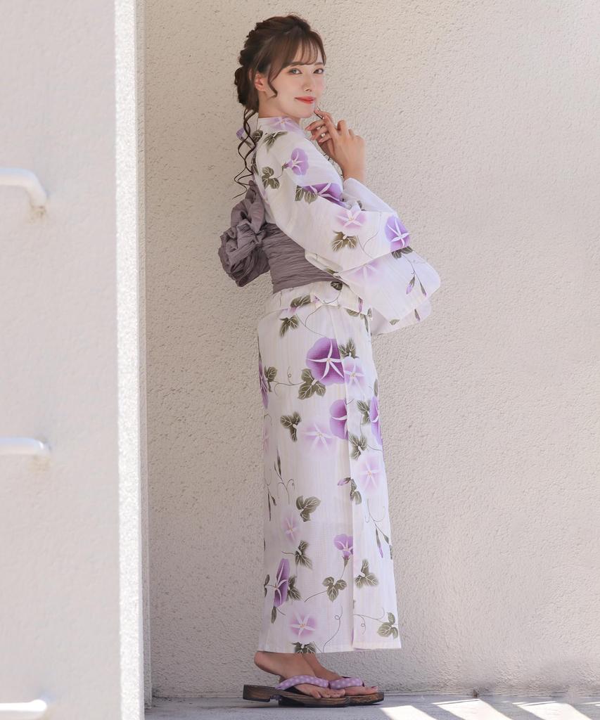 Комплект сменных юката, поясной ремень heiko x E Morning glory, прозрачный [Kyoetsu], плетеный, неотбеленный, 6 предметов (юката, оби, нижнее белье, гэта, 2) Женский