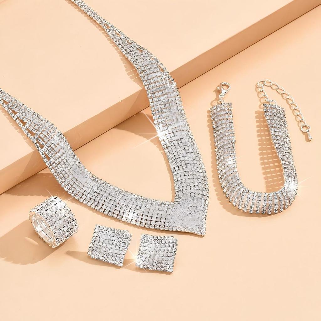 Fashion Luxury Diamond Shining Wedding Jewelry Tennis Tassel Silver studded Earrings Necklaces for Women Gift Set