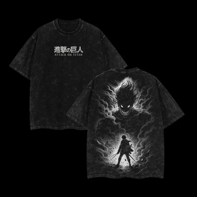 Japan Anime Attack on Titan Eren Jaeger Cool Graphic Print T-shirt Women Men Vintage Washed O-neck Cotton Loose Casual Oversized Top Summer New Tee