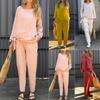 2 Pcs/Set Women Top Pants Suit Solid Color Long Sleeves Round Neck Tie-up Hem Top Elastic Waist Straight Leg Trousers Sport Fitness Outfit Fall