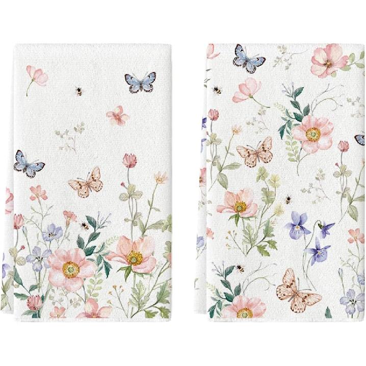 Artoid Mode Floral Leaves Butterfly Spring Kitchen Towels Dish Towels, 18x26 Inch Seasonal Summer Decoration Hand Towels Set of 2