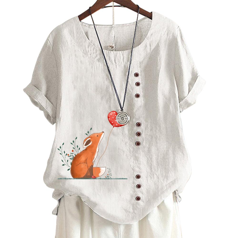 Женская хлопково-льняная повседневная футболка с милым животным принтом, круглым вырезом и короткими рукавами, украшение на пуговицах, S-5XL