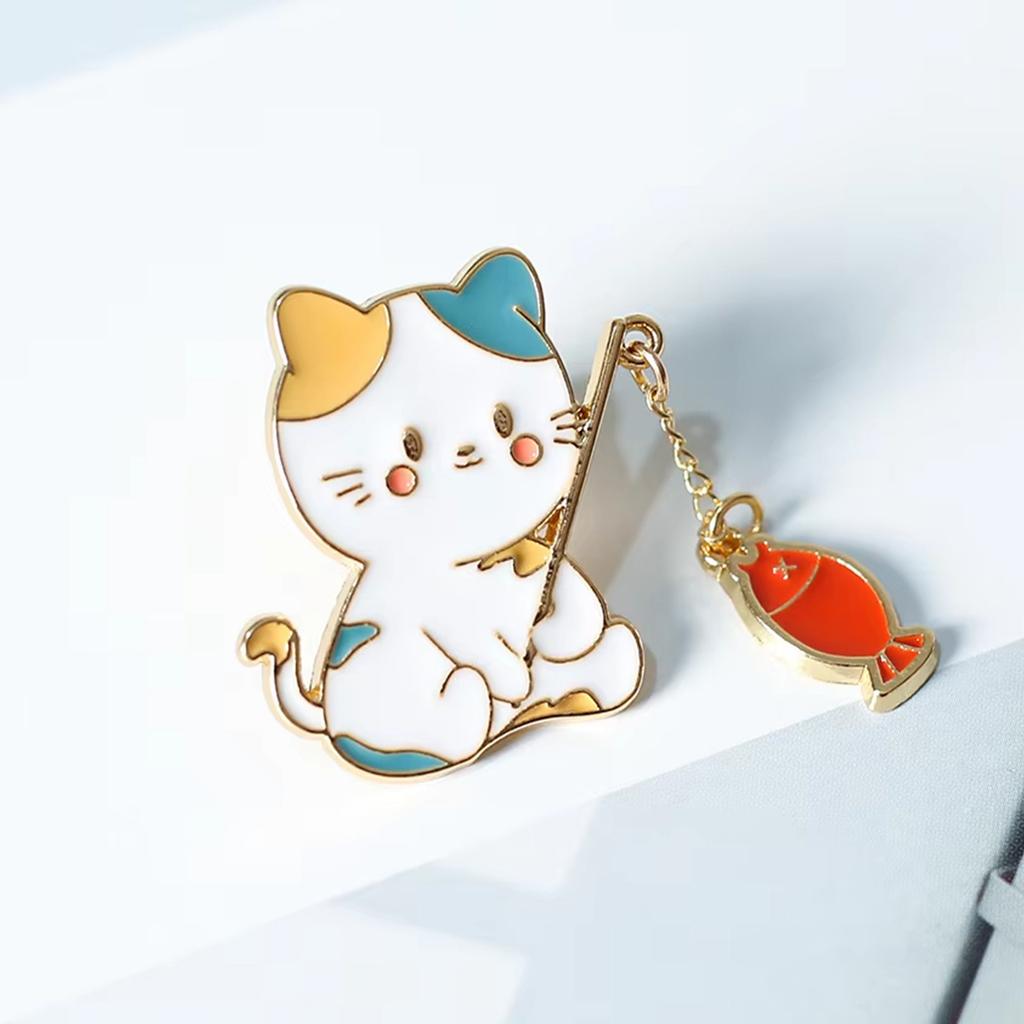 Cute Kitten Fishing Enamel Brooch Durable Metal Pin Compact 3.5x4.5cm Jewelry Gift For Children And Animal Lovers