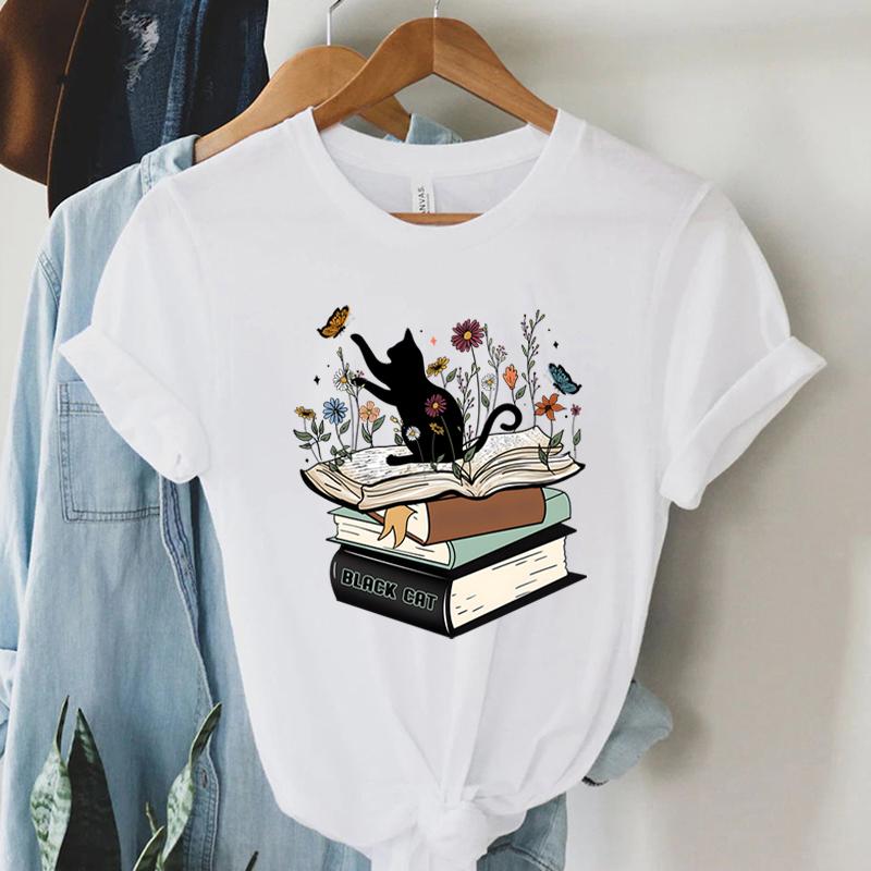 Футболка с принтом «Кошка с книгой» Футболка унисекс с цветочным принтом и принтом «Полевые цветы» Футболка с короткими рукавами для летних любителей книг Литература FeУнисекс Топы Топы унисекс