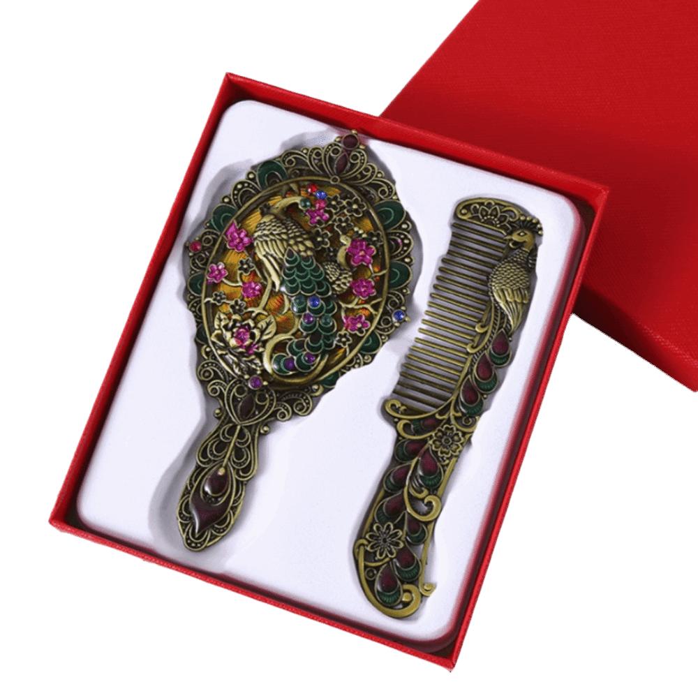 Hand-held Peacock Makeup Mirror Comb Set Portable Cosmetic Mirror Birthday Gift