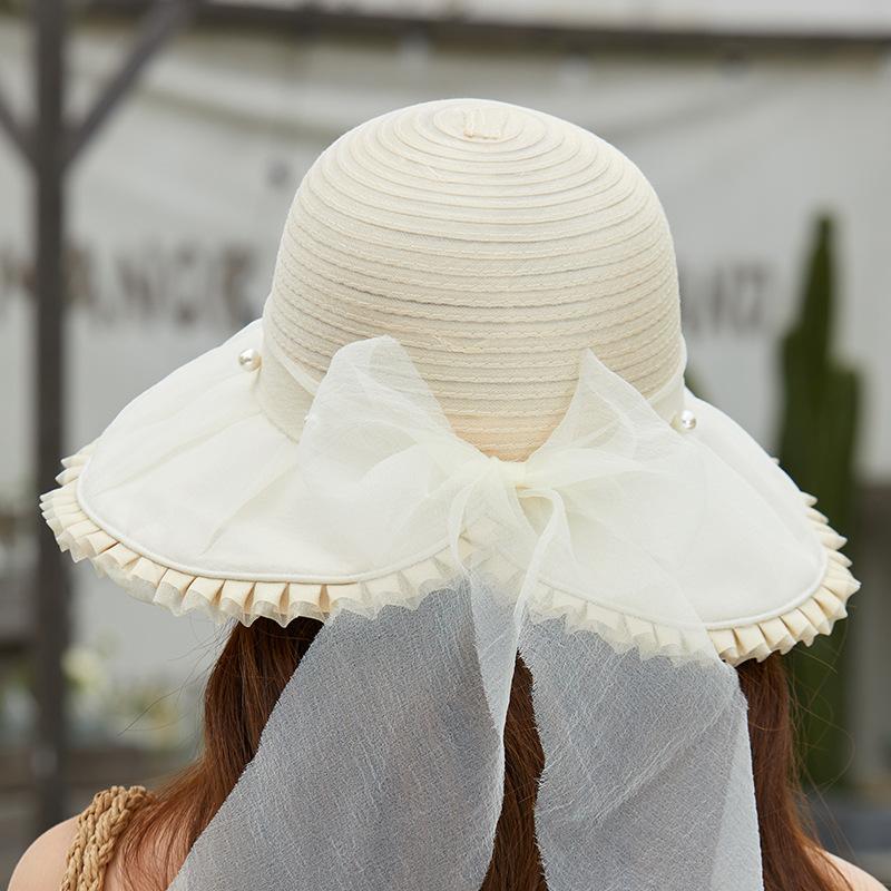 New eaves organza pearl bow mesh hat women's summer outdoor travel fashion versatile bucket hat