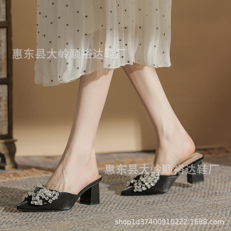 Остроносые туфли на толстом каблуке, темпераментные полусабо, новинка 2025 года, с бантом из страз, на высоком каблуке, крутые шлепанцы