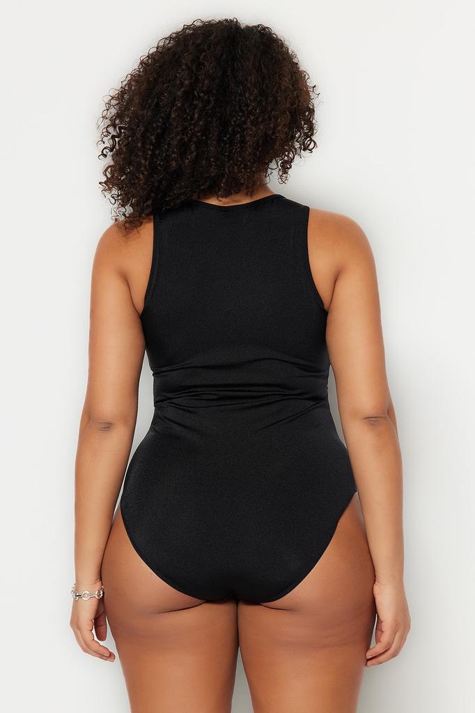 Women's New Season Plus Size Swimsuit Black Zippered Swimsuit with Lifting Effect