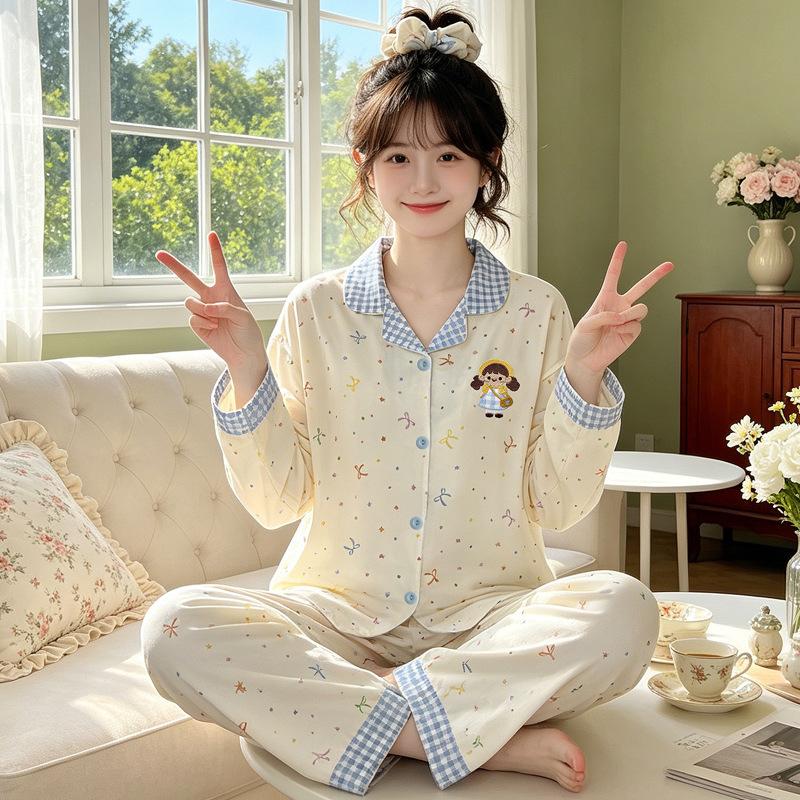 Japanese cartoon cute ins style imitation cotton pajamas women's fashion temperament loungewear long sleeves trousers two-piece set