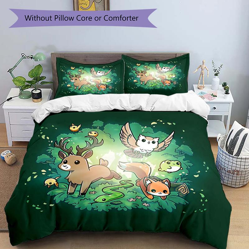 3pcs Cute Little Animals Quilt Set - Soft and Comfortable Bedroom, Guest Room and Dorm Decor Bedding Set 1 Quilt Cover + 2 Pillowcases.N029