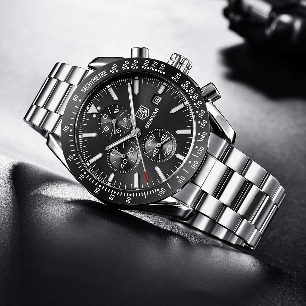 Часы RORIOS Светящиеся часы Кварцевые часы Спортивные часы Часы Аналоговый дисплей Функция календаря Хронограф Стальной браслет Деловой подарок Мужские мужские