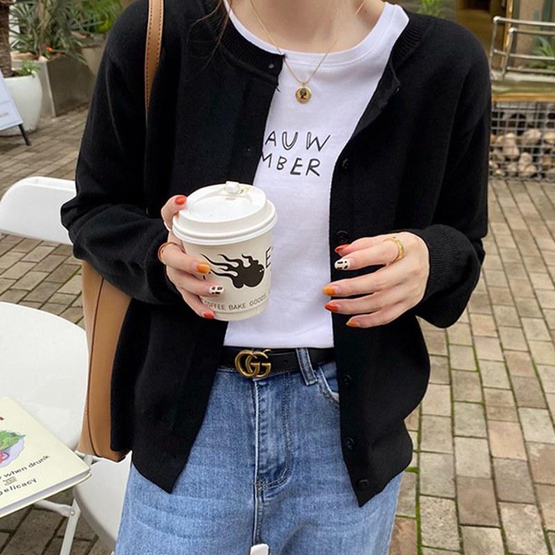 Кардиган вязаный свитер женский весенне-осенний наружный ленивый круглый вырез однотонный однобортный короткий топ