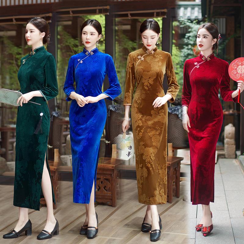 1011 autumn and winter new velvet jacquard cheongsam national style slim long nine-quarter sleeve wedding ceremony performance
