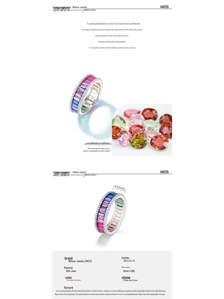 Cross-border S925 Rainbow Zircon Ring for Men & Women - Single Row Pave Gemstone, European & American Fashion Personality