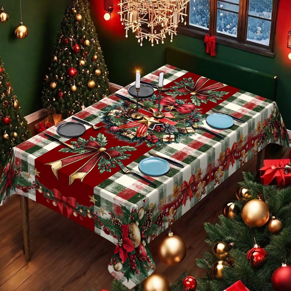 One Christmas tablecloth with red and green checkered pattern for festive dining table decoration, featuring holly and bows.zyc