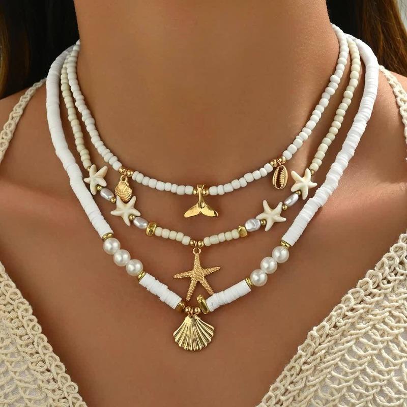 Bohemian Multilayer Starfish Sea Shell Rice Beads Necklace For Women Vintage Fishtail Pearl Conch Clavicle Choker Beach Jewelry