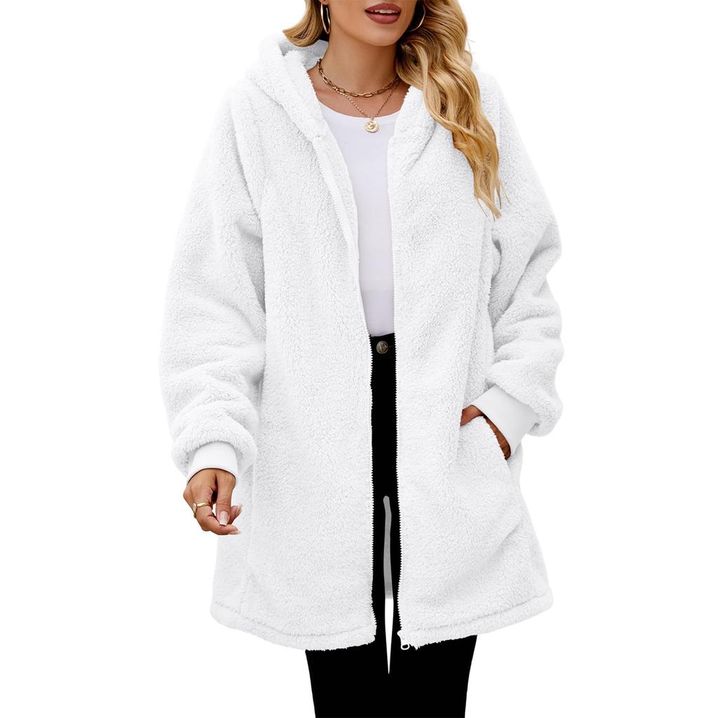 Women's Fashionable Coat Solid Color Long Sleeved Pocket Loose Hooded Zipper Plush  Jacket