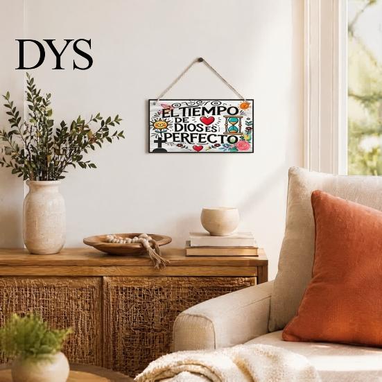 Handmade Wood Hanging Sign Spanish Religious Prayer Wall Ornament with Rose Cross Flower, Living Room Ornaments Wooden Decorative Pendant for Bedroom