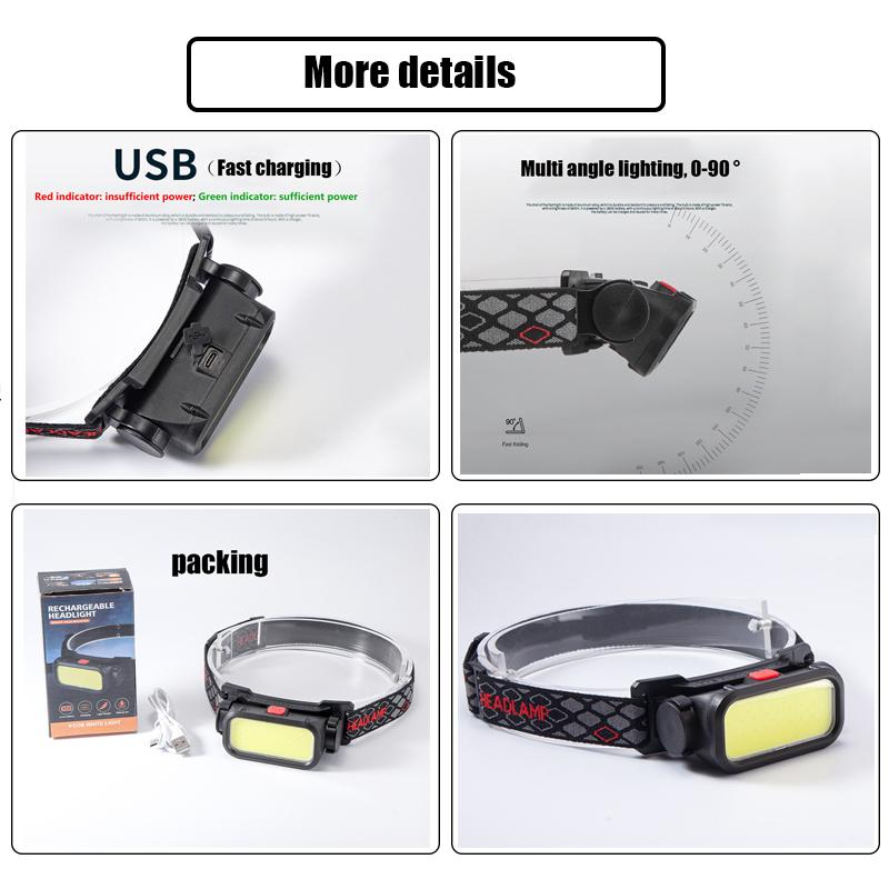 Портативный мощный светодиодный налобный фонарь COB с USB-зарядкой, встроенный аккумулятор, водонепроницаемый налобный фонарь