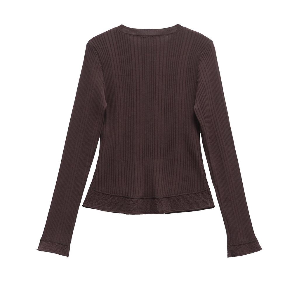 2025 Spring Women's European & American Ribbed Crew Neck Long Sleeve Knitted Cardigan