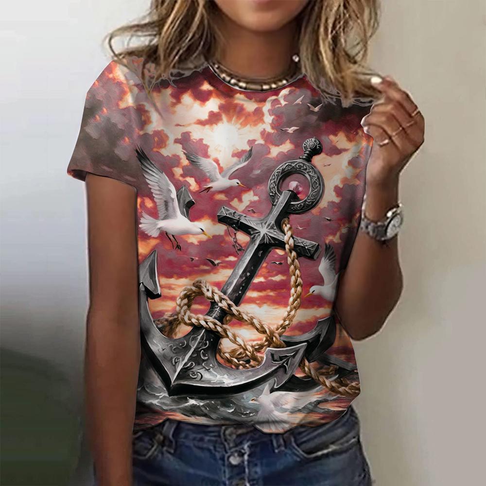 3D printed compass anchor pattern women's T-shirt summer casual round neck top short sleeve loose T-shirt daily short sleeve