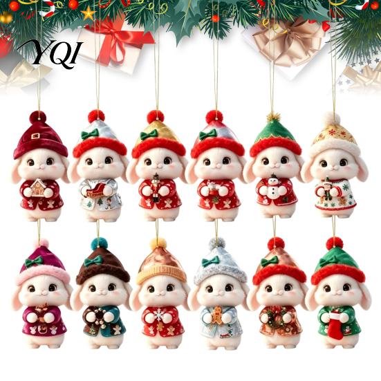 Christmas Garland Hanging Ornaments Bunny Wooden Ornament, 2D Flat Rabbit Decor with Santa Indoor Holiday Party Decorations Hat, Tree Pendant