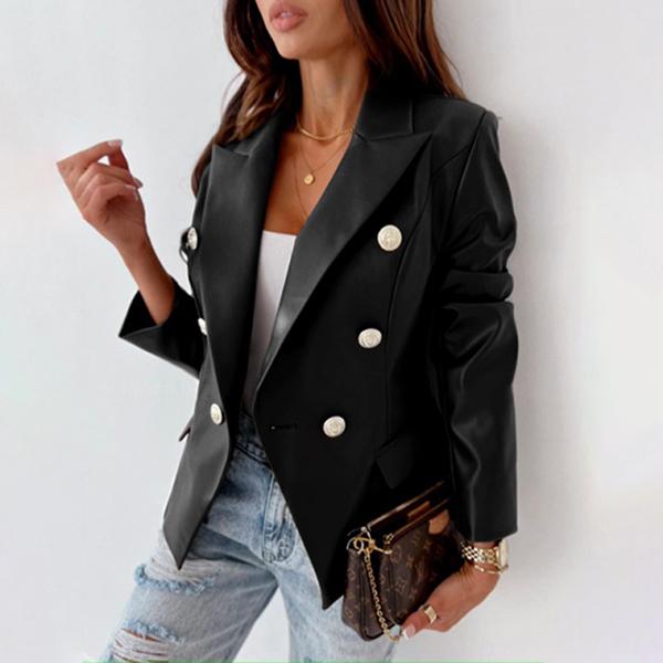 Женский осенне-зимний двубортный модный двубортный пиджак из искусственной кожи с длинными рукавами и лацканами