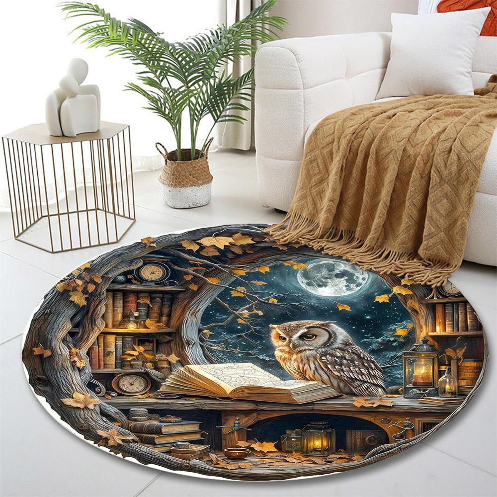 "Owl Study Under Moonlight" Print round rug, living room, bedroom, playroom carpet, non slip floor mat, gift